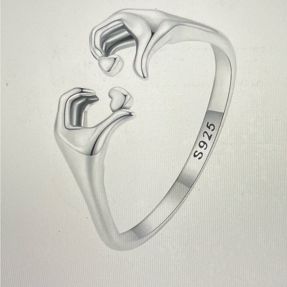 Solid 925 Silver Heart Sign Hands Ring Adjustable… - image 1